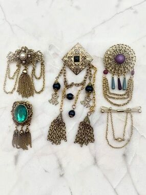 Vintage Brooch Bundle 5pc Victorian Revival Gold Tone Statement Tassel Pin Lot